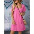 thumbnail image 4 of Ladies Solid Color Square Neck Short Sleeve Fashion Casual Pocket Dress Rose Red S, 4 of 9