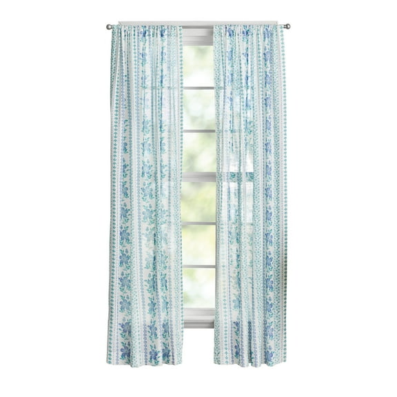 The Pioneer Woman Hattie Stripe 2 Pack Curtain Panel, BCI Cotton, Floral, Blue, RodPocket, 40" W x 84" L
