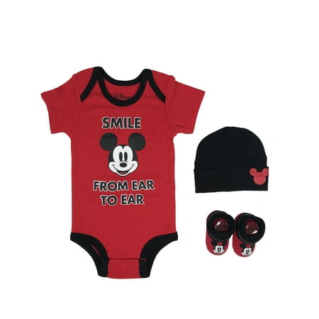 Mickey Mouse Short Sleeve Bodysuit, Booties & Cap Baby Shower Gift Set, 3pc (Newborn Baby