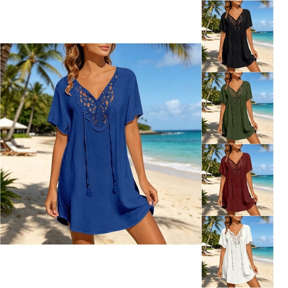 VOUZZA Women Swimwear Cover Up Lace Crochet V Neck Bathing Suit Cover-Up Bikini Beach Dress Sheer Knit Tunics Wrap