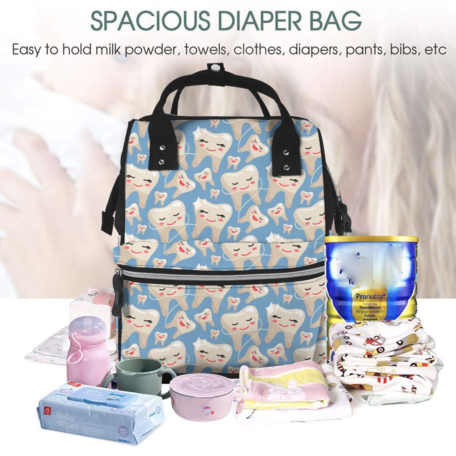 Fuzoiu Funny Cute Healthy Teeth Print Diaper Bag Backpack,Baby Essentials Travel Tote,Multi function Waterproof Diaper Bag, Travel Essentials Baby Bag - Unisex