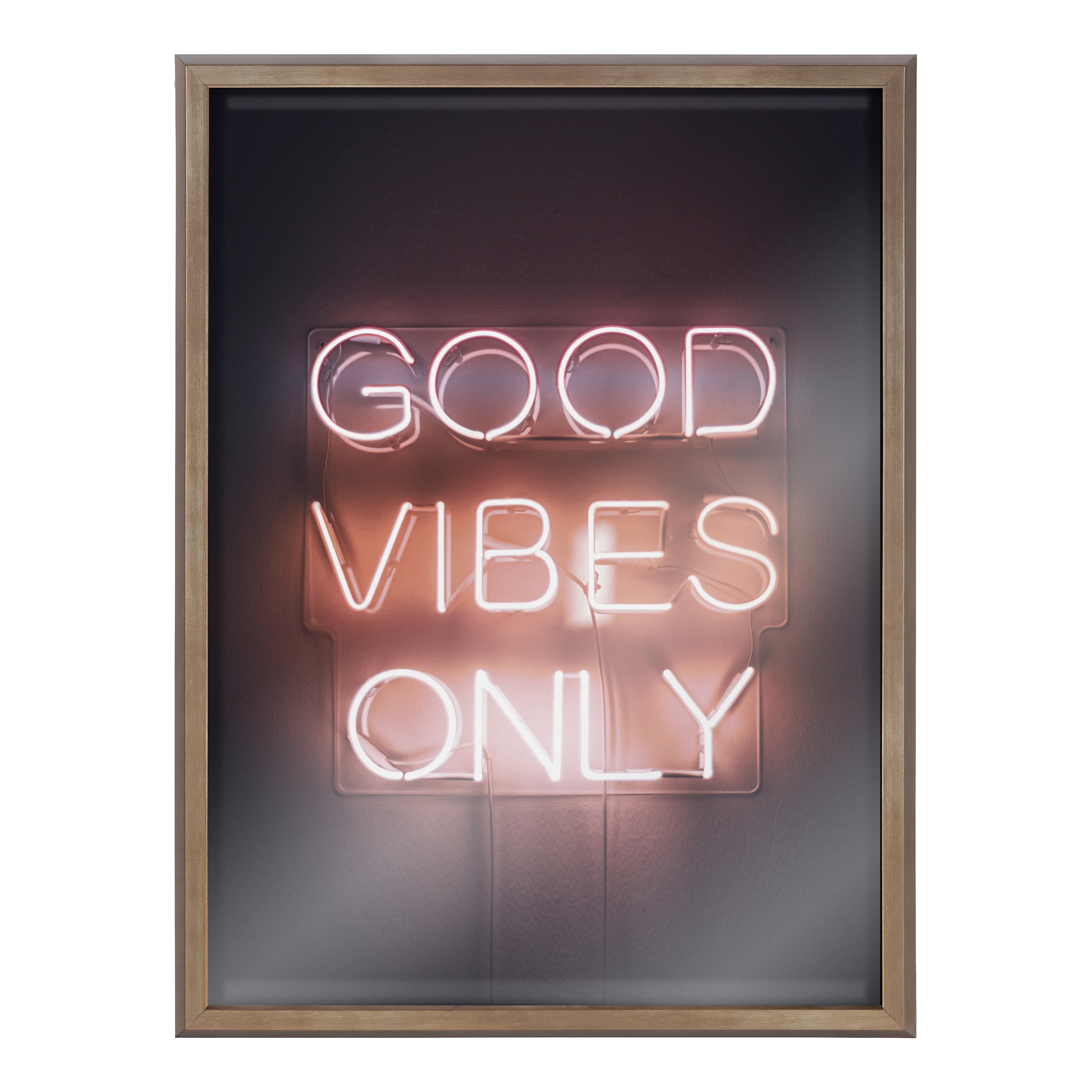 Kate and Laurel Blake Good Vibes Only Neon Sign Framed Printed Glass Wall Art by The Creative Bunch Studio, 18x24 Gold, Inspirational Art for Wall