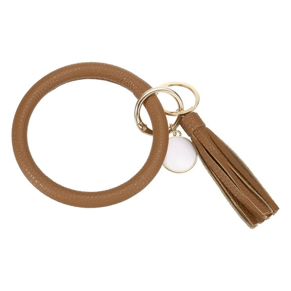 Uxcell PU Leather Circle Wristlet Keychain, Tassel with Pendant Round Bangle Keyring Bracelet Wristlet Holder Keychains for Women Car Key Accessories- 1 PCS (Brown)