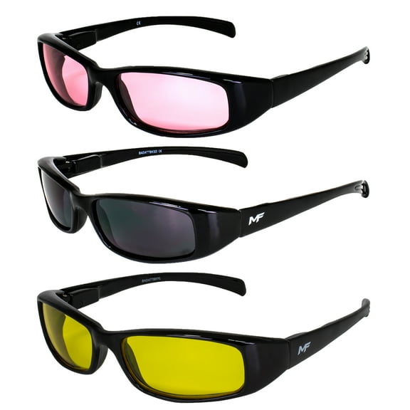 3 Pairs of MF Eyewear Bad Attitude Motorcycle Glasses Shatterproof Polycarbonate Black Frame UV400 Filter, Scratch-Resistant Motorcycle Riding Glasses Rose, Super Dark & Yellow Lenses
