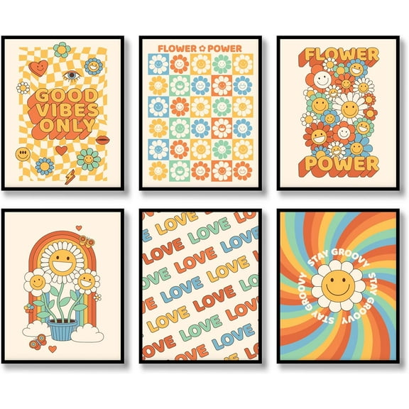 Hippie Wall Art Vintage Wall Decor Prints Set of 6 Hippie Flower Canvas 60s 70s Retro Posters Abstract Minimalist Happy Face Photos Boho Pictures for Living room Bedroom (B, 8"x10" UNFRAMED)
