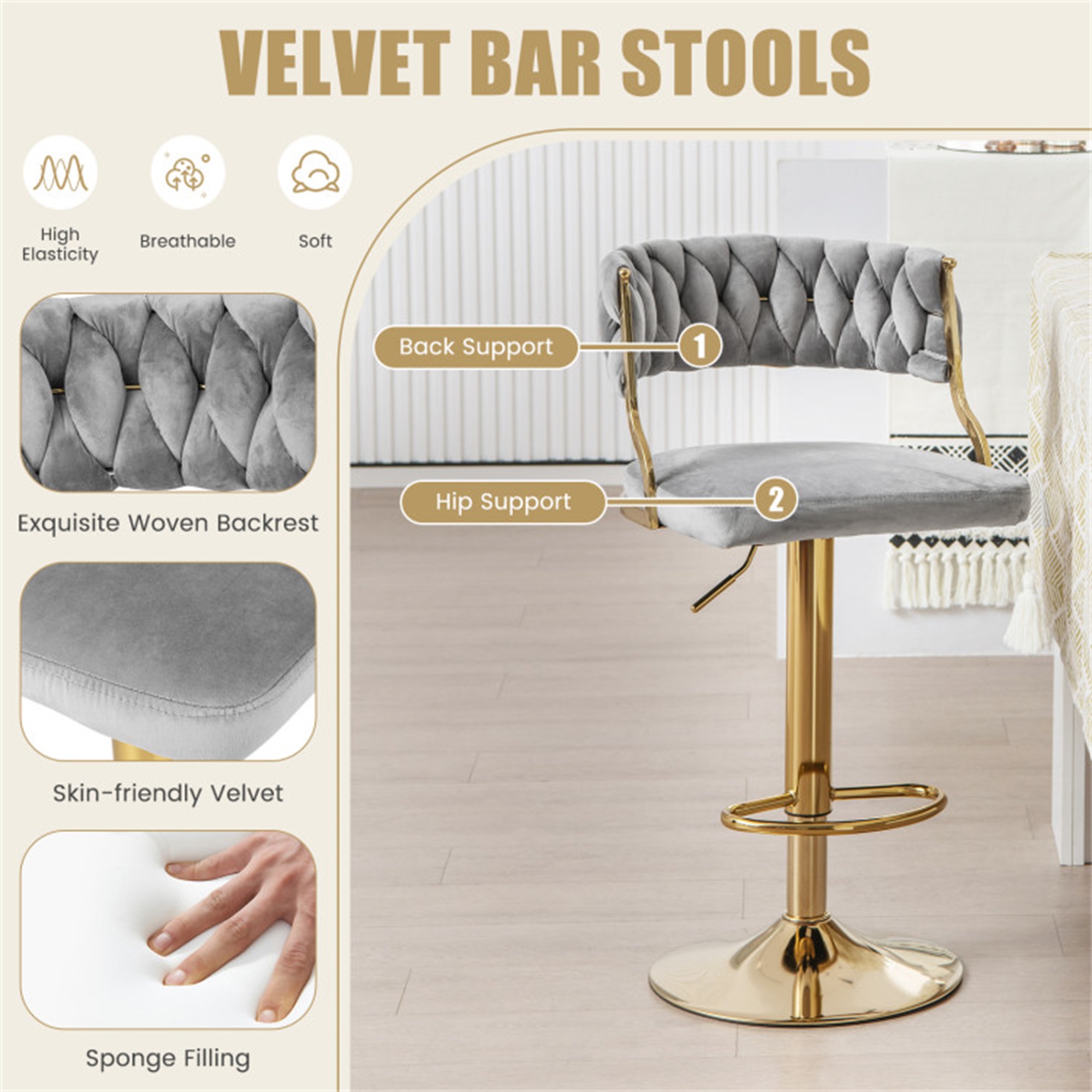 Demi Bonn Swivel Barstool with Woven Back Set of 2 for Kitchen Island Cafe Dining Chairs, Gray