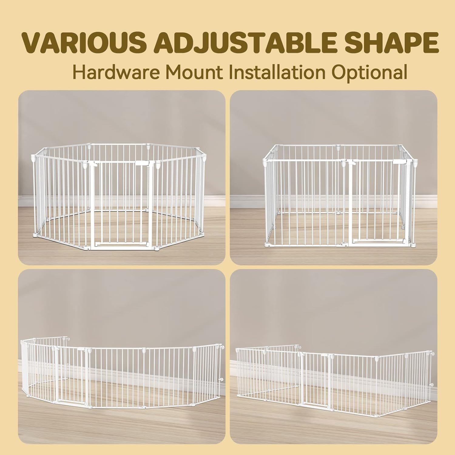 Kfvigoho Dog Gate 35"-149" Extra-Wide Gate for Stairs, Freestanding wire pet door, fireplace dual-locking system with automatic door closing feature, collapsible 6 steel panels (White, 8 panels)