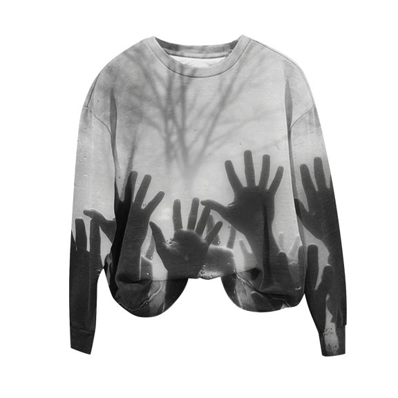 LYEAA Halloween Womens Crewneck Sweatshirt Long Sleeve Regular Ribbed Cuff Casual Wear Hand Prints Holiday Clothes Black S