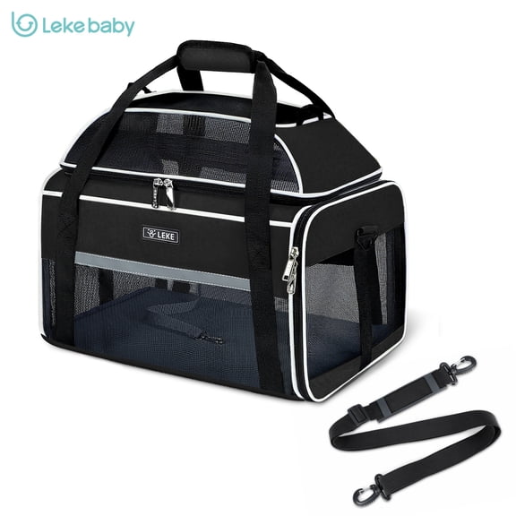 Lekebaby Medium Soft-Sided Pet Carrier, Airline Approved Expandable Cat & Dog Travel Carrier with Shoulder Strap, Black, 12 lb Limit