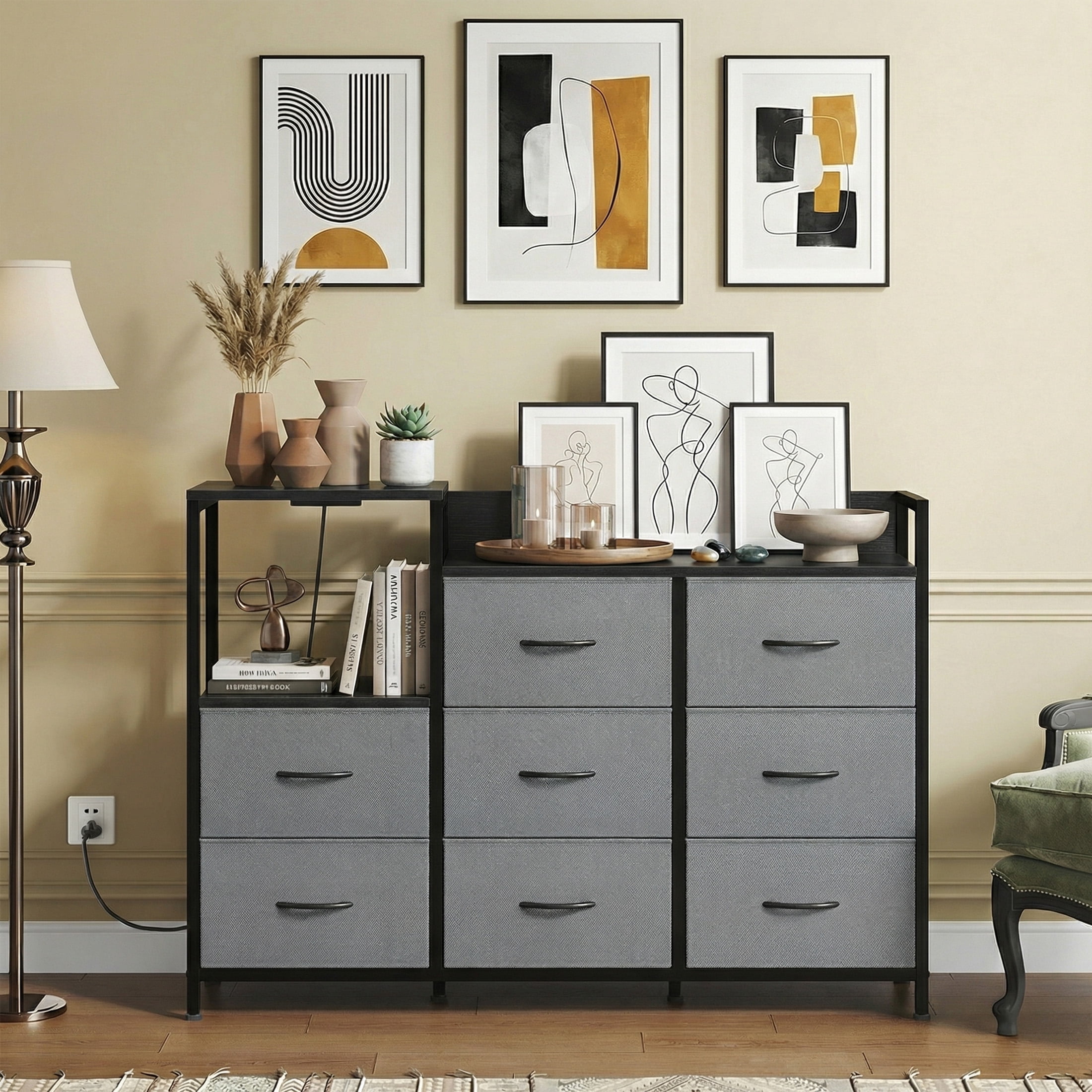 CONCETTA 8-Drawer Dresser TV Stand for Bedroom with Charging Station, Teen/Adult Fabric Storage with Open Shelves, Gray