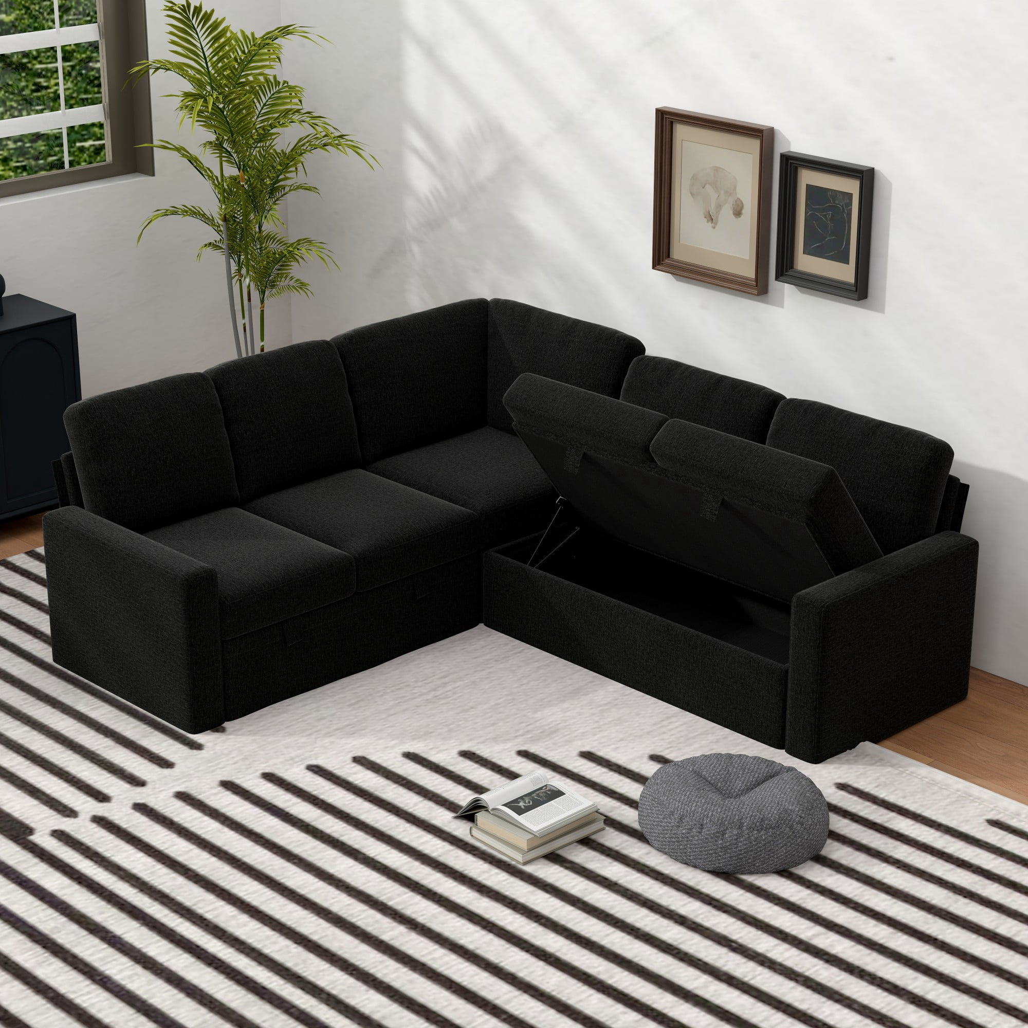 Gewnee 5-Seater Black L-Shaped Convertible Sofa - Skin-Friendly & Wear-Resistant Chenille Fabric, Solid Wood Frame with Multifunctional Storage, for Living Rooms & Halls