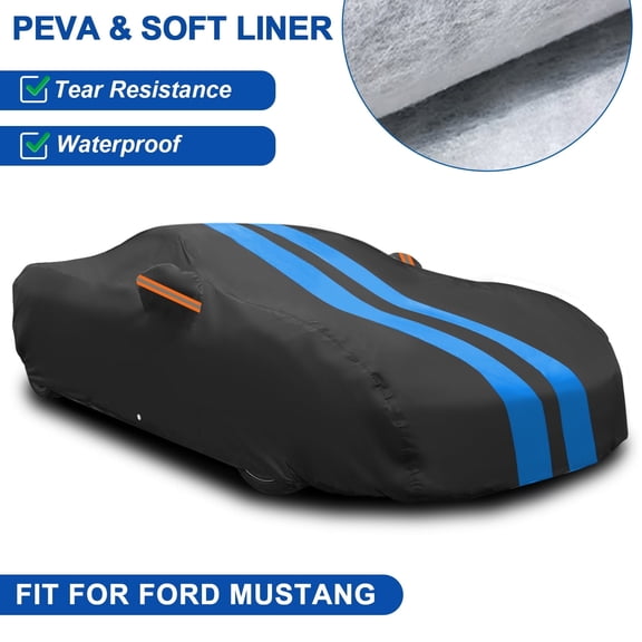 FANOTEK Car Cover Custom Fit for Ford Mustang 1982-2026, Waterproof PEVA with Soft Liner Full Cover, Outdoor Sun UV Rain Dust Protection All Weather