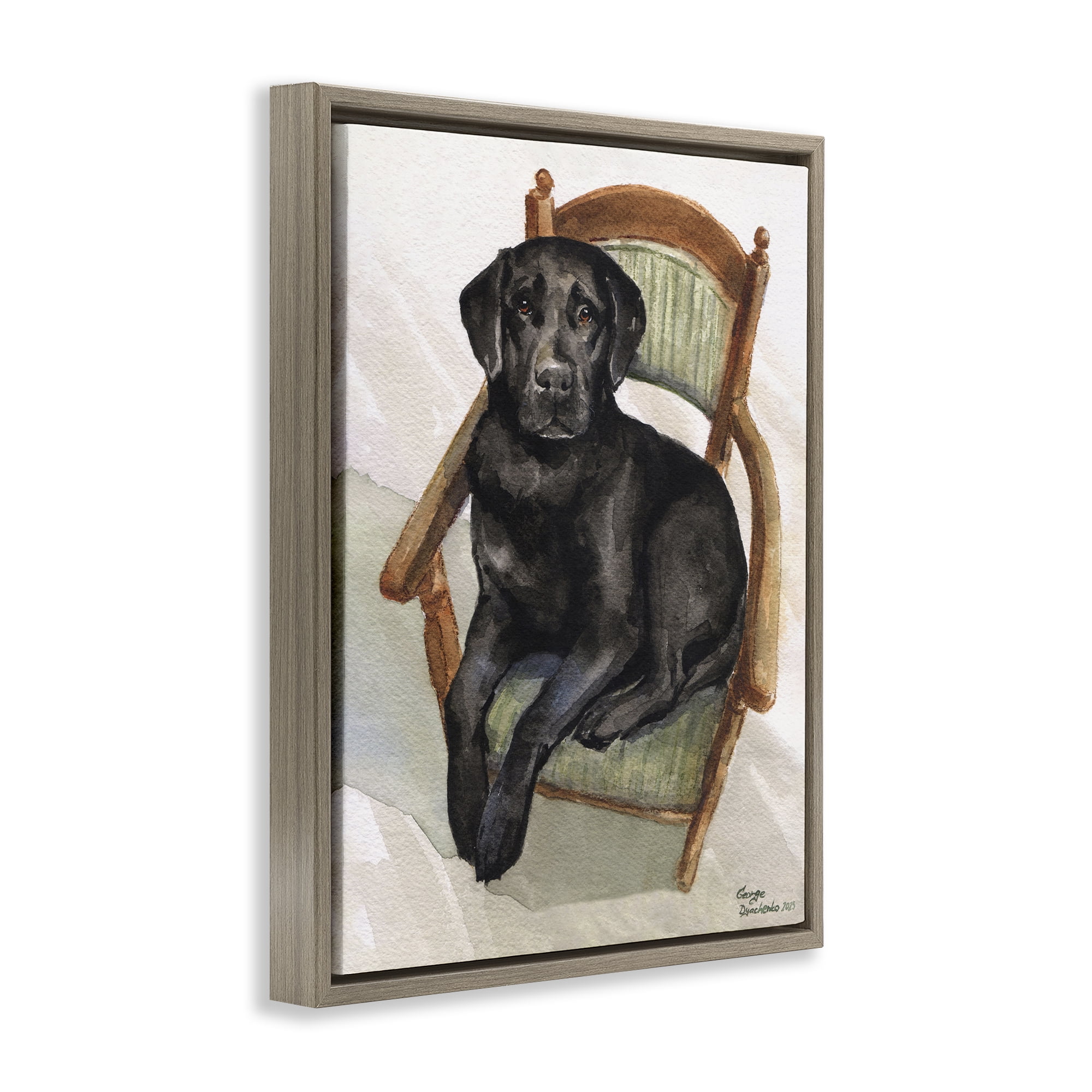 Stupell Industries Black Labrador On Chair Brown Framed Floater Canvas Wall Art, design by George Dyachenko