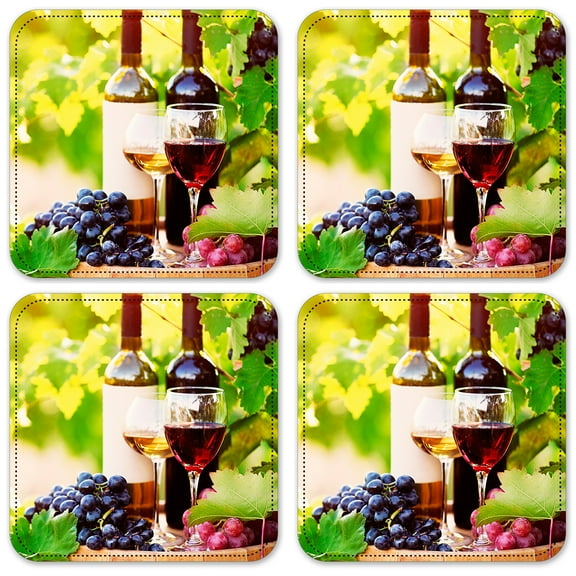 Vinyl Drink Coasters - Set of 4 - Red and White Wine & Grape Leaves