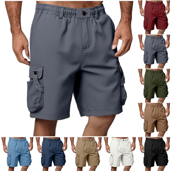 Afuyipoi Men’s Cargo Shorts, Multi-Pocket Zip & Button Elastic Waist Outdoor Work Shorts Khaki Size L