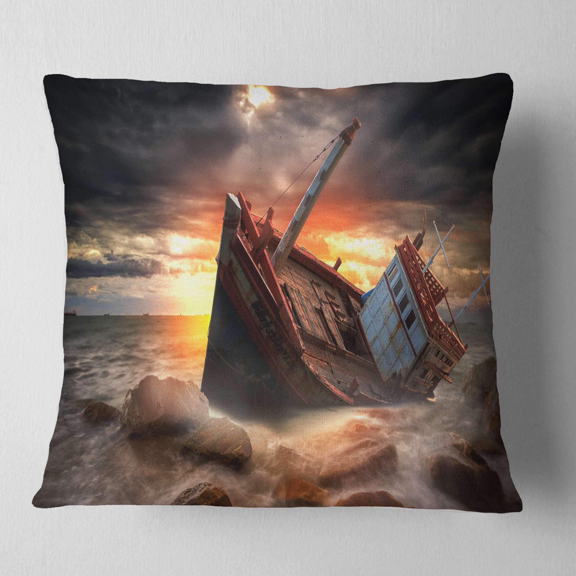 Designart Fishing Boat Beached - Landscape Photography Throw Pillow - 18x18
