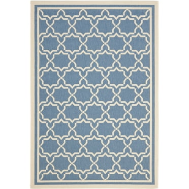 SAFAVIEH Courtyard Allison Geometric Bordered Indoor/Outdoor Area Rug, 4' x 5'7", Blue/Beige