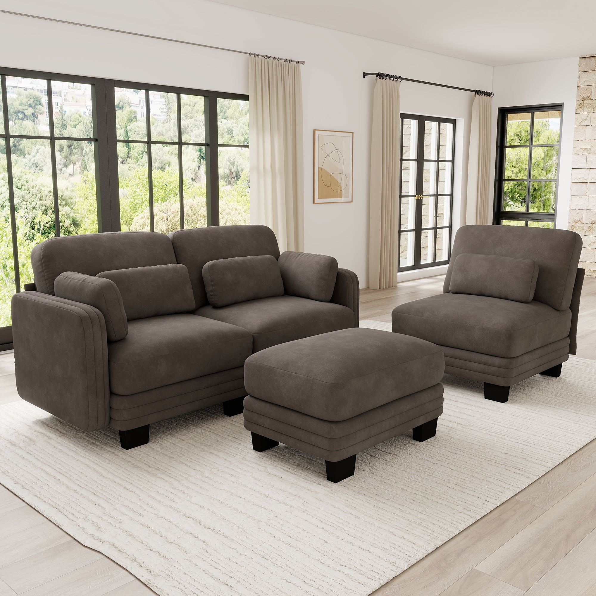 100" L Shape Modern Modular Sectional 3 Seater Sofa Couch with Movable Ottoman and 5 Pillows