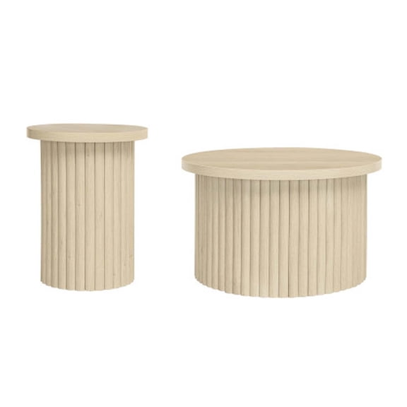 Natural Wood Coffee Table and End Table Sets, Circle Coffee Tables for Living Room, Modern Round Coffee Table Sets with Fluted Design, Stylish Living Room Furniture Sets