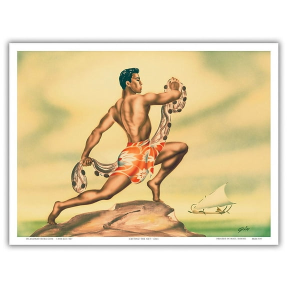 Casting the Net - Hawaiian (Lawaiʻa) - Vintage Hawaiian Airbrush Art by Gill c.1940s - Master Art Print (Unframed) 9in x 12in