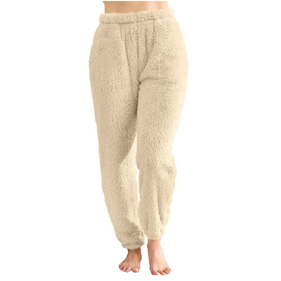 ZHYou Womens Plush Fleece Pajama Pants,Soft Comfy Warm Loose Fit Sleepwear Loungewear Trousers,Beige,Size S