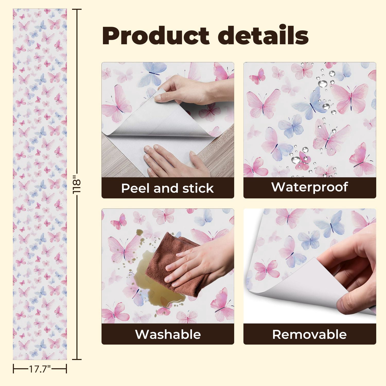 Peel and Stick Wallpaper Watercolor Butterflies Soft Pink Blue Tones White Wall Mural 17.7in x 9.8ft Self Adhesive Removable Wall Paper Renter Friendly Wallpaper for Nursery Bedroom Cabinets