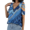 thumbnail image 2 of Franhais Women's Blouse Printed T-shirt, Loose Short Cutout Sleeve Zippered V-neck Pullover, 2 of 9