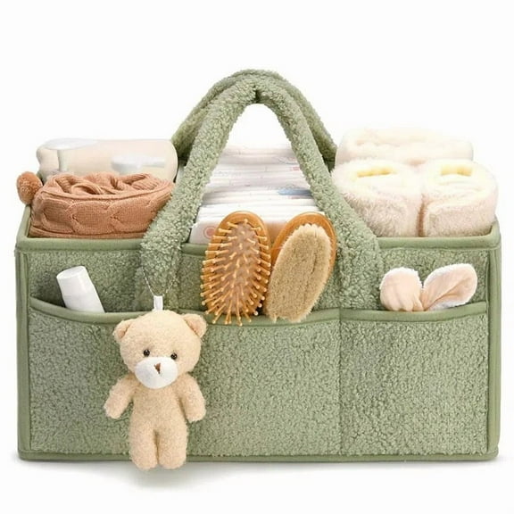 Baby Diaper Caddy Organizer with Handle - Portable Sherpa Nursery Basket - Car Diaper Organizer, Cleaning Caddy, Gift for Baby Shower - Grey