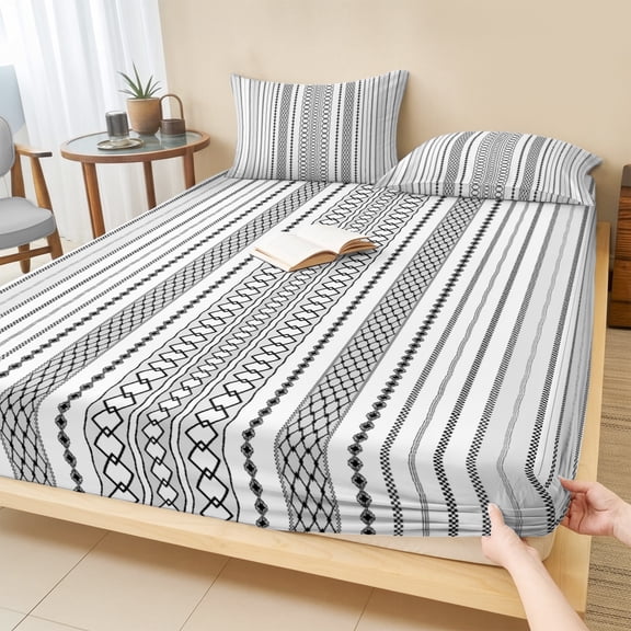 Cal.King Size Fitted Sheet Set - Black White Striped 3 Piece Bedding Sets 16" Deep Pocket Fitted Sheet with 2 Pillowcases, Modern Farmhouse Geometric Brushed Microfiber Hotel Luxury Bed Sheets