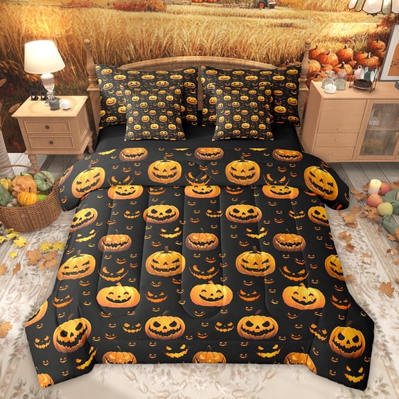 Feelyou Halloween Pumpkin Bedding Comforter Set 7 Pieces, Black Orange Full Bedding Set