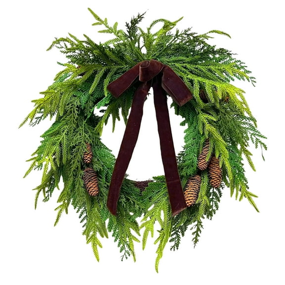 Cedar and Pinecones Christmas Wreath with Velvet Bow – 17" Artificial Greenery Holiday Front Door Wreath by posdfud Time, Rustic Farmhouse Winter Wall & Mantel Décor