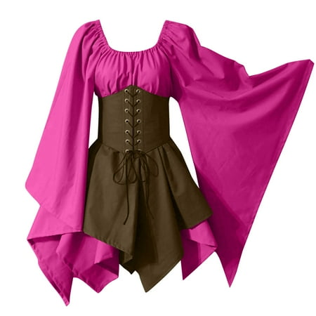 Fall and Winter Savings Clearance 2024! Antqov Dresses for Women Women s Halloween Vintage Dress Women Costumes Gothic Sleeve Corset Dresses Sleeve Round-Neck Knee-High Dress Hot Pink L