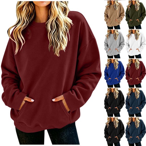 Xaqiouau Womens Oversized Crewneck Sweatshirt Long Sleeve Fleece Pullover Sweatshirt Casual Loose Fit Tunic Top with Kangaroo Pocket Fall Winter