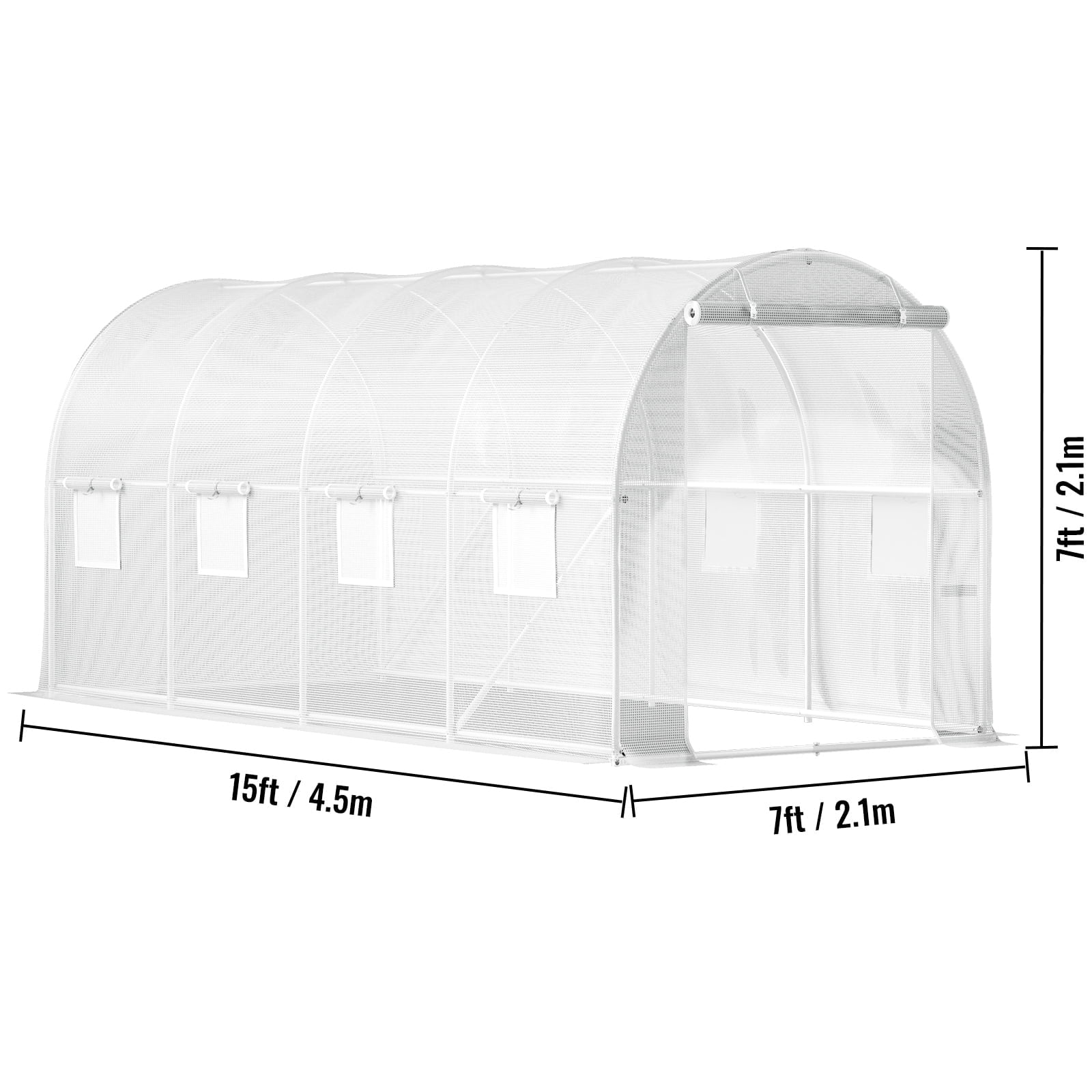KFFKFF 15 x 6.5 x 7 ft Walk-through Tunnel Greenhouse, Movable Plant Warm House with Galvanized Steel Arches, Single Top Beam, Diagonal Rods, Zipper Entrance & 8 Roll-up Windows, White