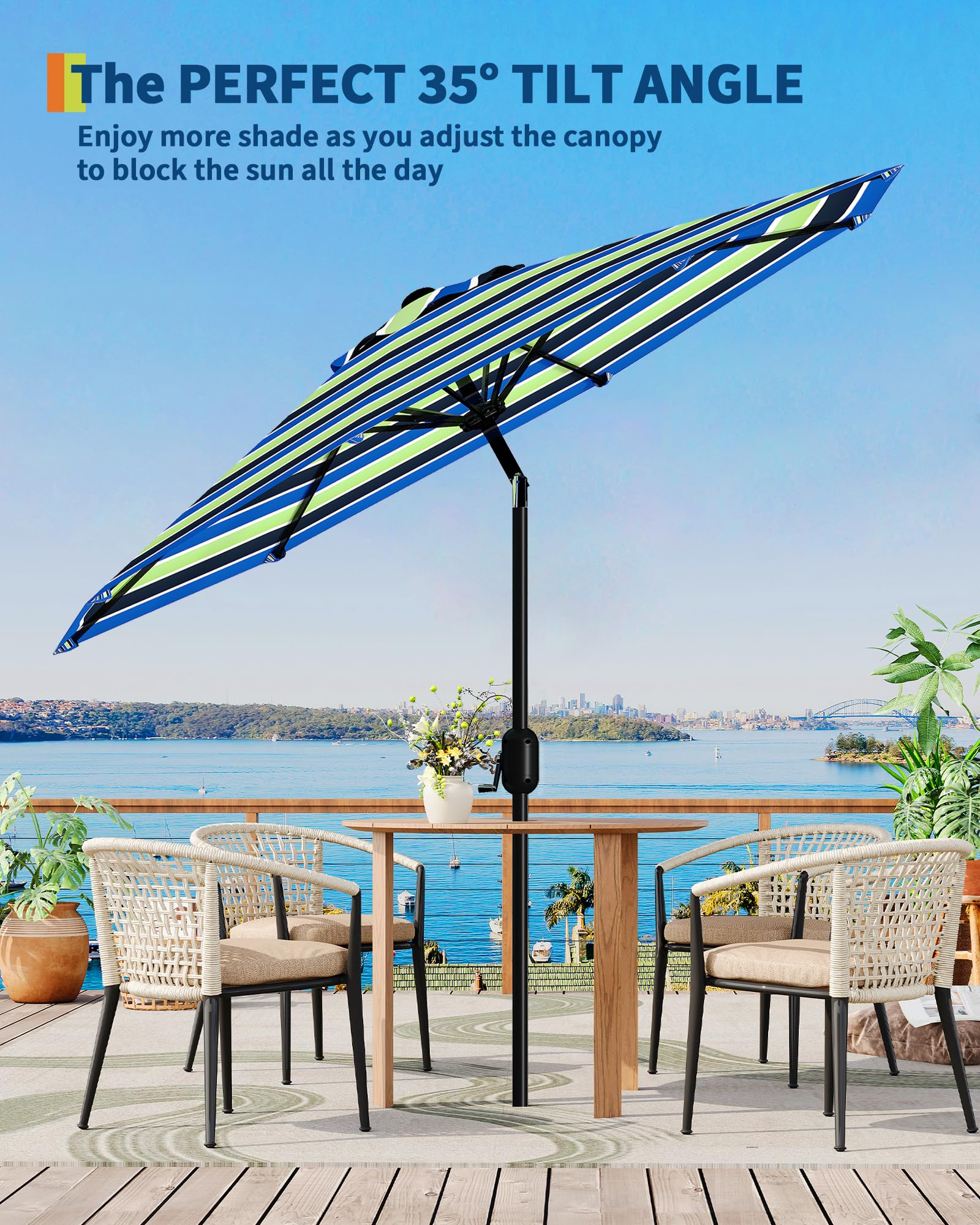 9FT Large Outdoor Patio Umbrella Market Table Umbrella-UV Resistant, Easy Push Button Tilt and Crank, 8 Ribs Heavy-Duty Pool Umbrella for Deck, Backyard,Garden