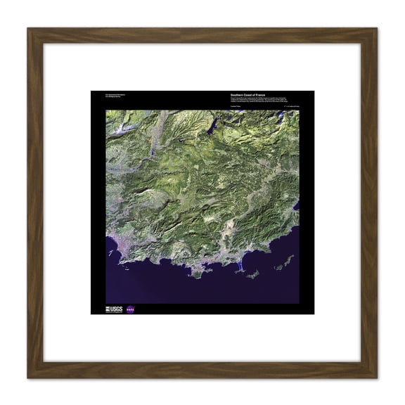 Science Map Satellite France Coast Marseilles Replica 8X8 Inch Square Wooden Framed Wall Art Print Picture with Mount