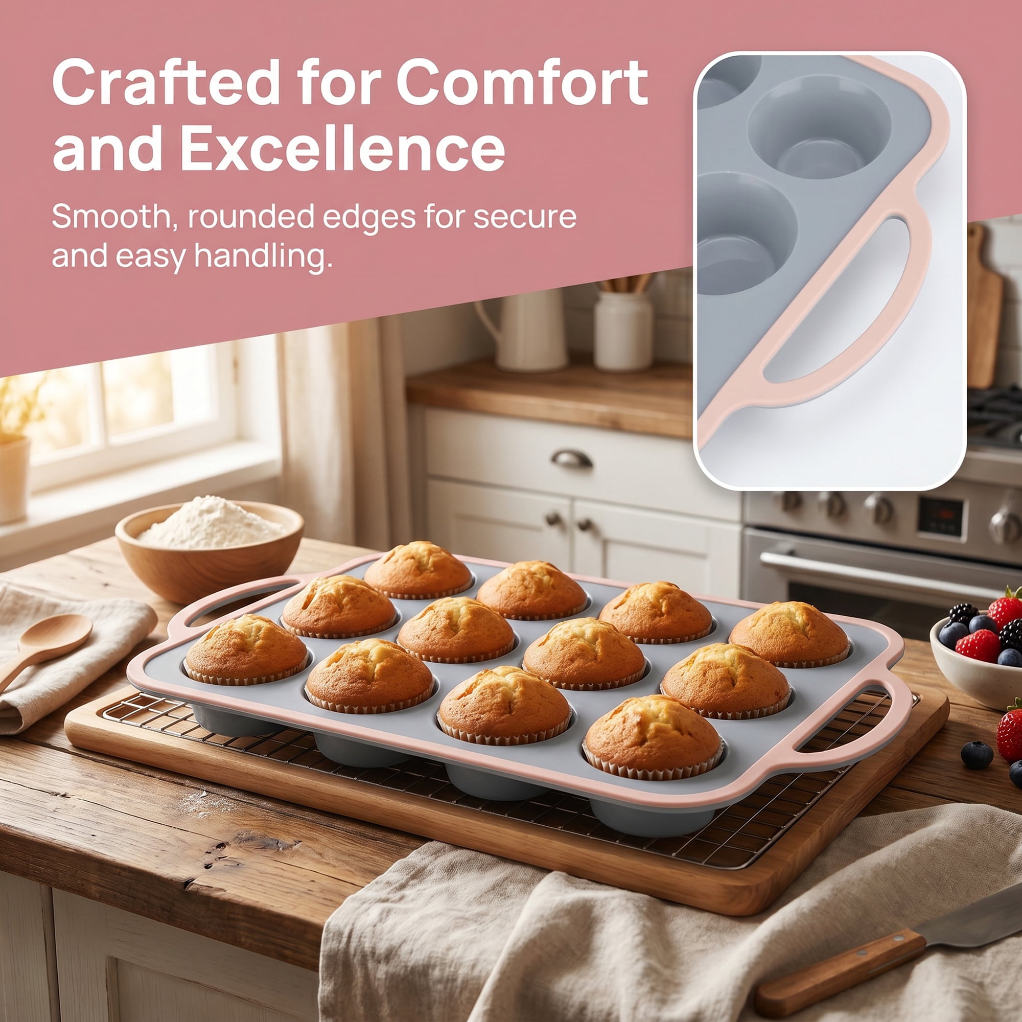 Unique Bargains Baking Pan 12-Cup Nonstick Silicone Tray with Dual Handles Gray/Pink 14.8"x8.9"x1.3"