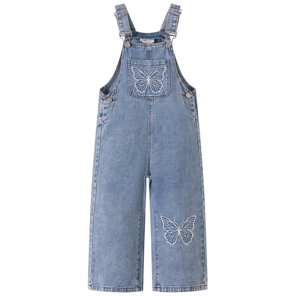 KIDSCOOL Girls Butterfly Denim Overalls,2-7T Cute Todder Little Jean Jumpsuit, Light Blue, 18-24 Months