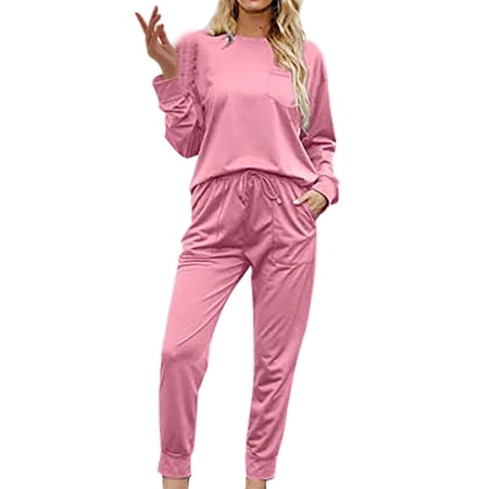 Cqxid525 Women Pajama Sets Sets for Women 2 Jogger Pajama Long Sleeve Pants Loungewear Sweatsuits Casual Matching Outfits Pink 1PC