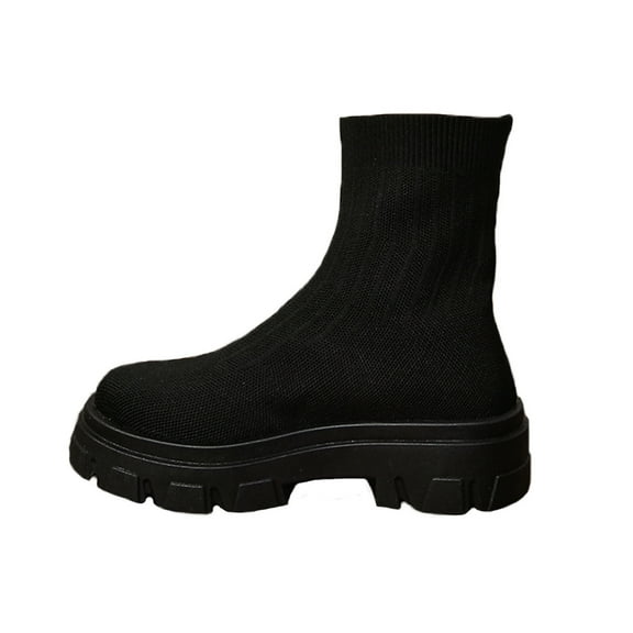 Tao Tao Women's Knit Platform Boots Autumn Round Toe Block Heels Socks Booties Platform Boots Breathable Sock Ankle Booties Black 37