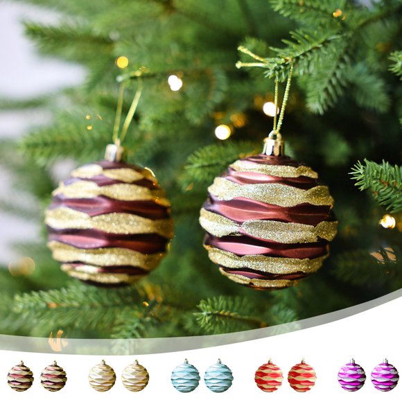 Christmas Ornament Ball Set Wave Texture Plastic Sky Blue Gold Red Brown Purple Unique Glossy Finish Hanging Rope Included Holiday Tree Decoration 2 Pack 3.14in Diameter