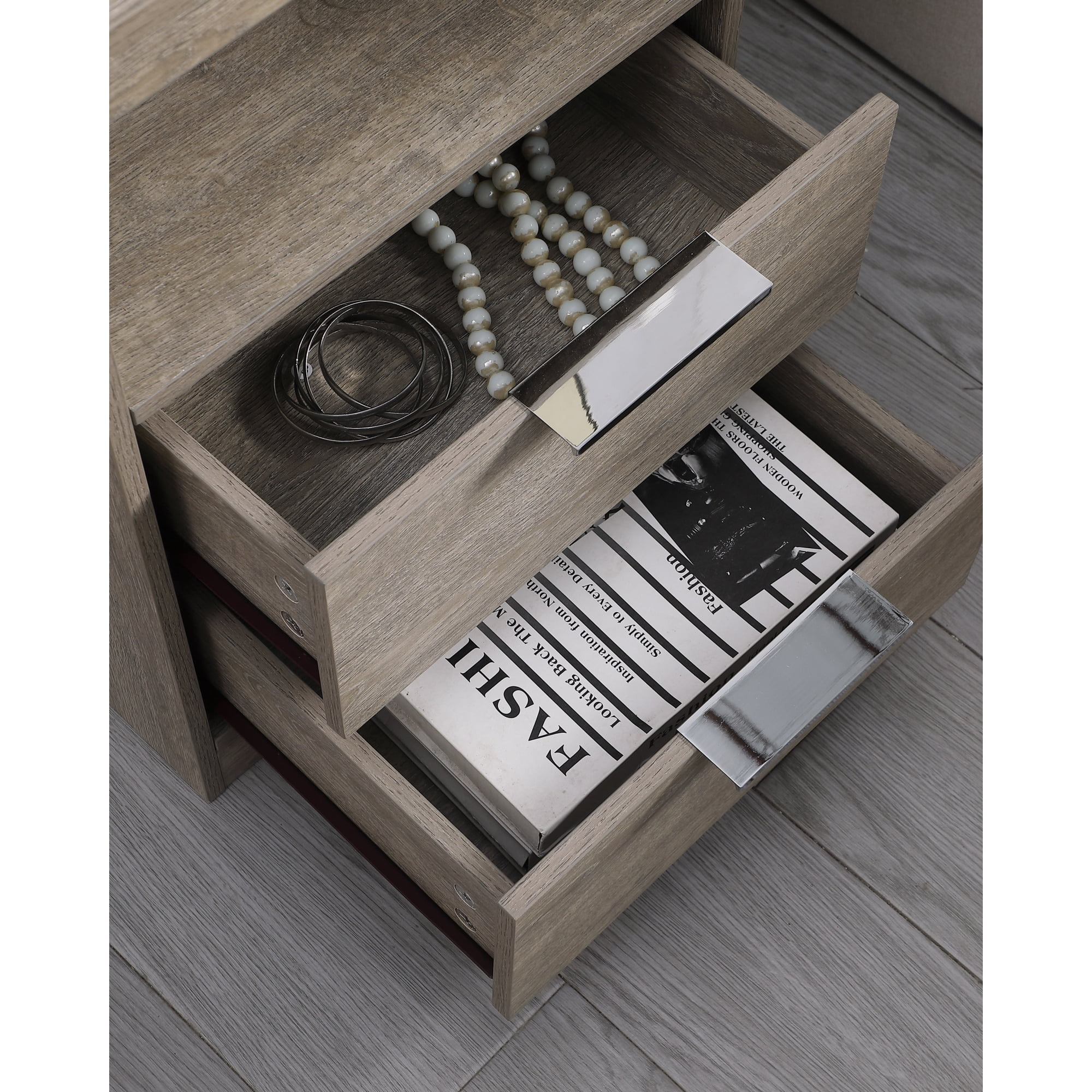 2 Drawer Small Nightstand with Charging Station,Wooden End Table with Drawer and Opening Shelf,Side Table for Bedroom Living Room Dorm Office,Gray