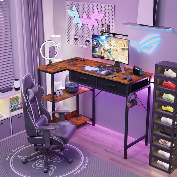 L-Shaped Gaming Desk 40 Inch Corner Computer Desk with Power Outlet & Drawers - Small Space Home Office Workstation with Storage Shelves