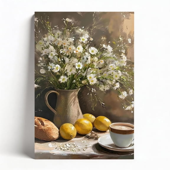 "Morning Still Life" Canvas Wall Art, Daisies & Coffee Framed Decor, Impressionist Floral Painting for Kitchen Dining Room, Cozy Farmhouse Home Decor Ready to Hang 12"x18"