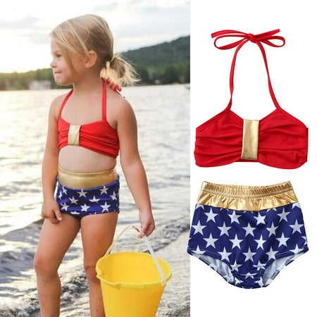 2PCS Summer Baby Girl Swimsuit Halter Backless Swimwear Star Toddler Bikini Set High Waist Bathing Suit Bandeau Girl Beachwear