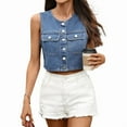 thumbnail image 2 of Jean Vests for Women Crop Denim Top Button Down Waistcoat Vest Tank Tops Fashion Casual Sleeveless Jacket Blue S, 2 of 9