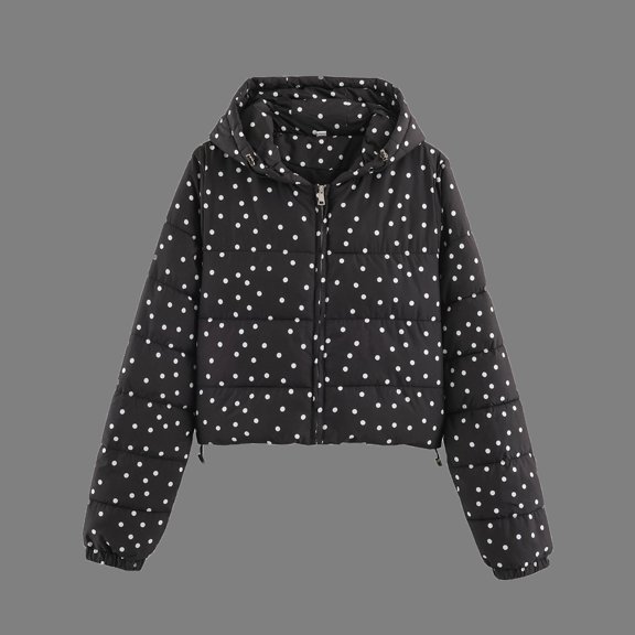 Sheghy Women Polka‑Dot Hooded Padded Jacket Zip Up Light Warm Outerwear with Side Pockets Winter