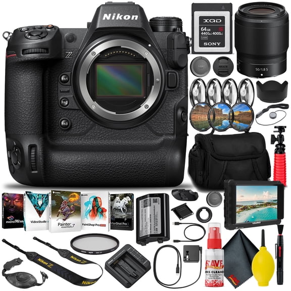 Nikon Z9 FX-Format Mirrorless Camera Body (1669) (Intl Model)   50mm F/1.8 S Lens   64GB XQD Memory Card   7" HD Monitor   Editing Software   Camera Bag   Pro Filter Kit   12" Tripod