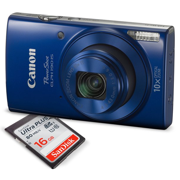 canon powershot elph 190 is digital camera blue with 10x optical zoom and built in wi fi with 16gb sdhc
