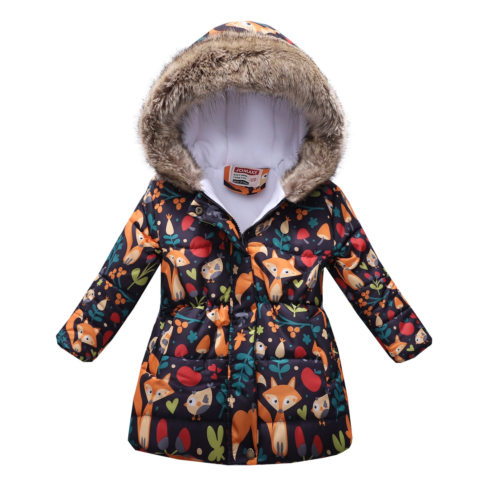 Toddler Baby Girl Outwear Winter Cartoon Print Warm Jacket Hooded Windproof Coat 